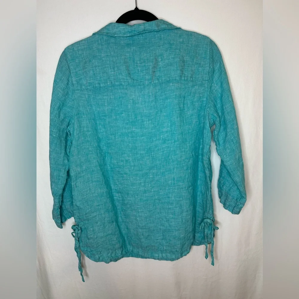 ISAAC MIZRAHI 100% Linen Side Tie Tunic Popover Top Beachy Turquoise M #711 - Picture 2 of 6